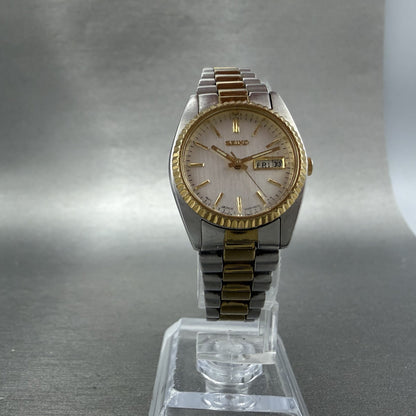 Seiko Watch Women 25mm White Dial Two Tone Daydate Round 7n83-0041 New Batt ZYX5