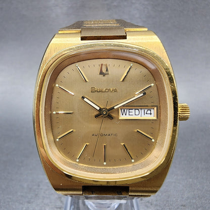Bulova Automatic Watch Men 36mm Gold Dial Gold Tone Daydate TV Rectangle Runs