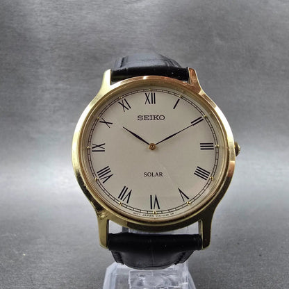 Seiko Solar Watch Men 38mm Cream Dial Gold Tone V115-0BE0 Runs Roman Numerals5