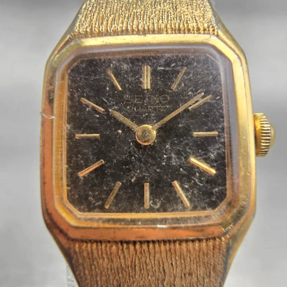 Seiko Watch Women 17mm Brown Dial Gold Tone Rectangle 5420-5019 New Battery VTG1