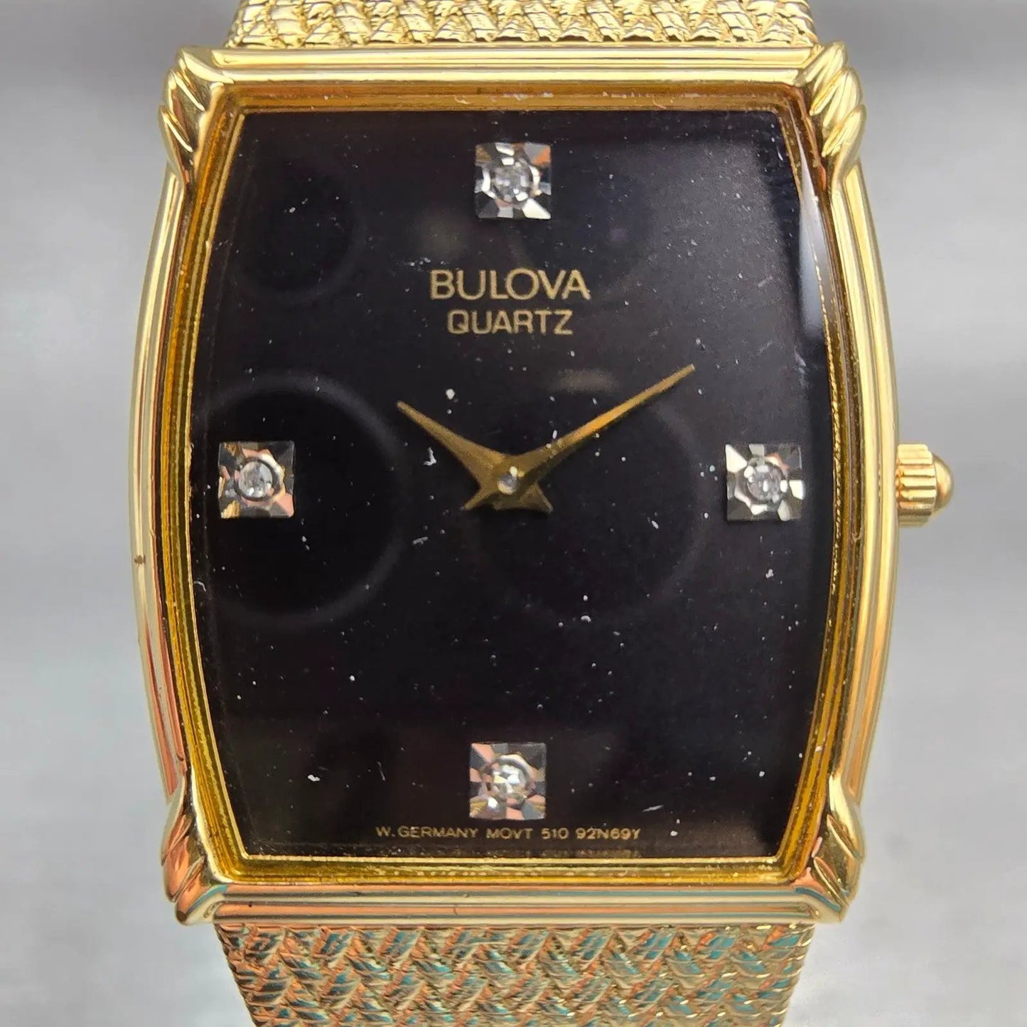 Bulova Watch Men 26mm Black Dial Gold Tone Rectangle 92N69Y New Battery Vintage1