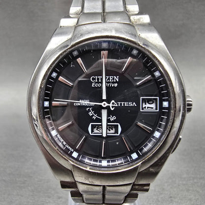 Citizen Eco-Drive Attesa Watch Men 39mm Black Dial Titanium Atomic Daydate PARTS0