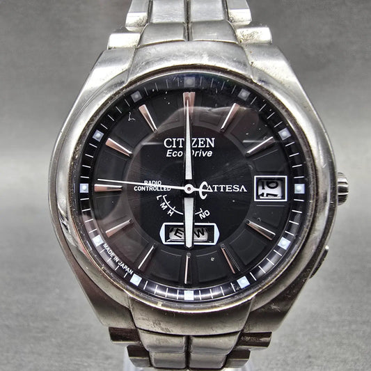 Citizen Eco-Drive Attesa Watch Men 39mm Black Dial Titanium Atomic Daydate PARTS0