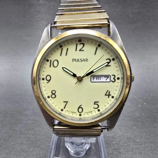 Seiko Pulsar Watch Men 35mm Luminous Dial Two Tone Daydate V733-8A00 New Battery0
