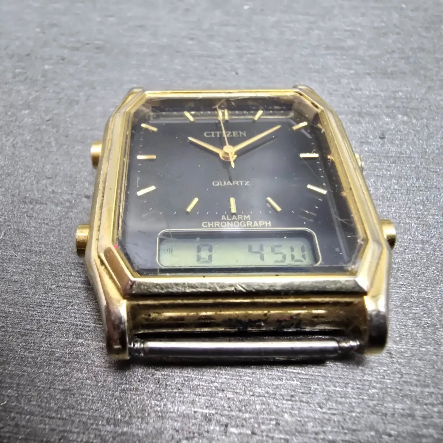 Citizen Analog Digital Watch Men 29mm Black Dial Gold Tone Alarm Chrono PARTS3