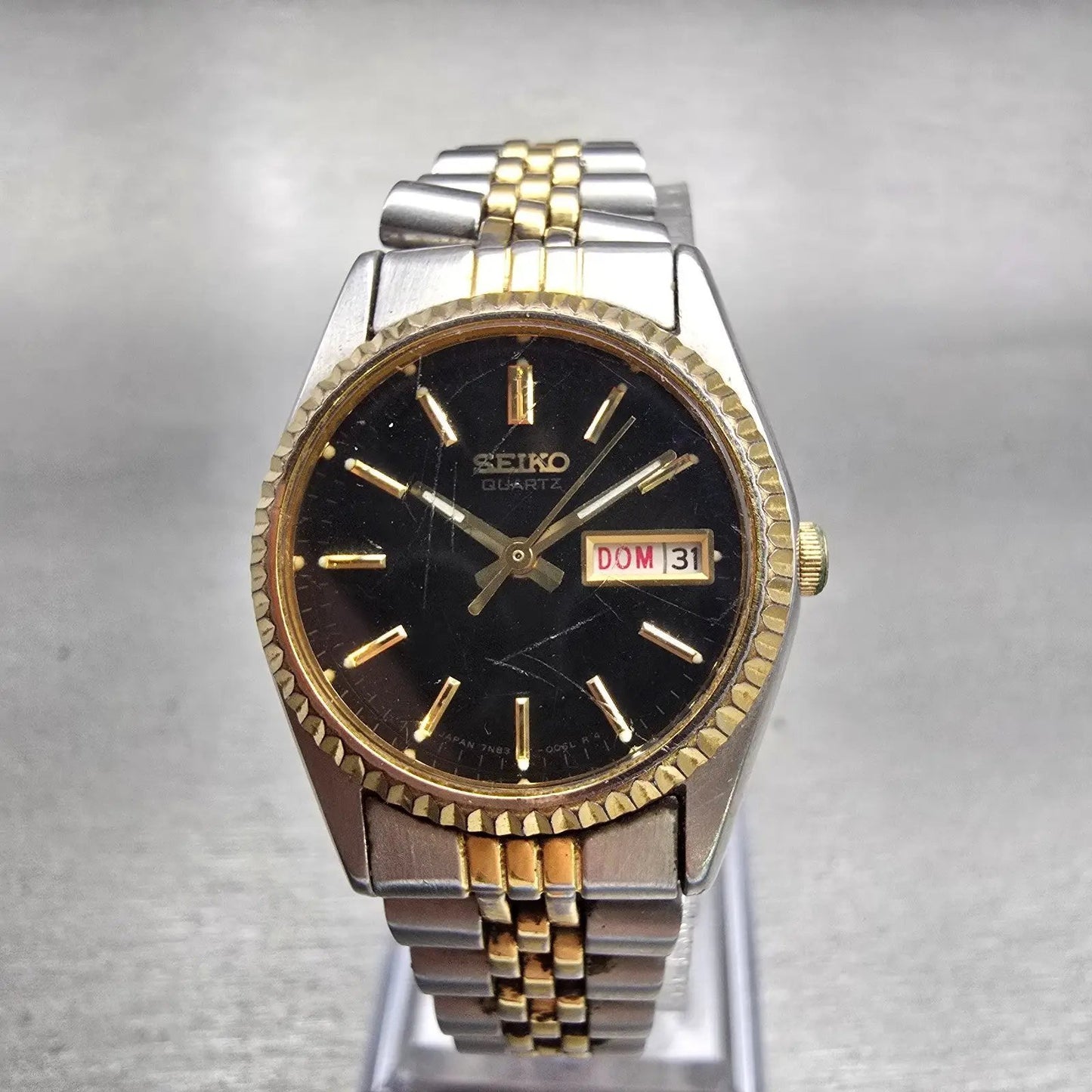 Seiko Watch Women 24mm Black Dial Two Tone Daydate Round 7N83-0049 New Battery0