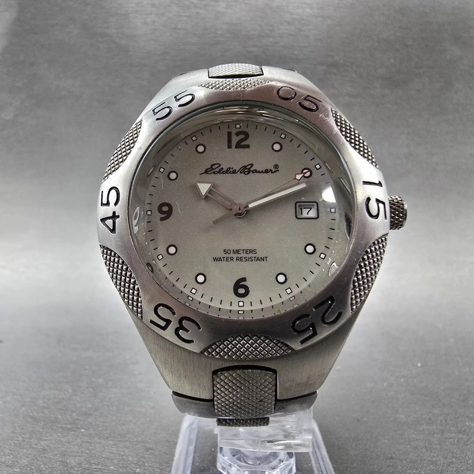 Eddie Bauer Dive Watch Men 41mm Silver Dial Silver Tone Date Round New Battery5
