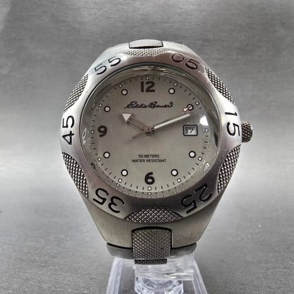 Eddie Bauer Dive Watch Men 41mm Silver Dial Silver Tone Date Round New Battery5