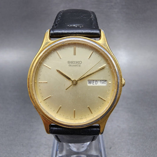 Seiko Watch Men 34mm Champagne Dial Gold Tone Daydate 7n43-7b00 New Battery