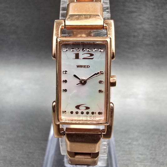 Seiko Wired Watch Women 17mm MOP Dial Rose Gold Rectangle 1N01-0JZ0 New Battery0