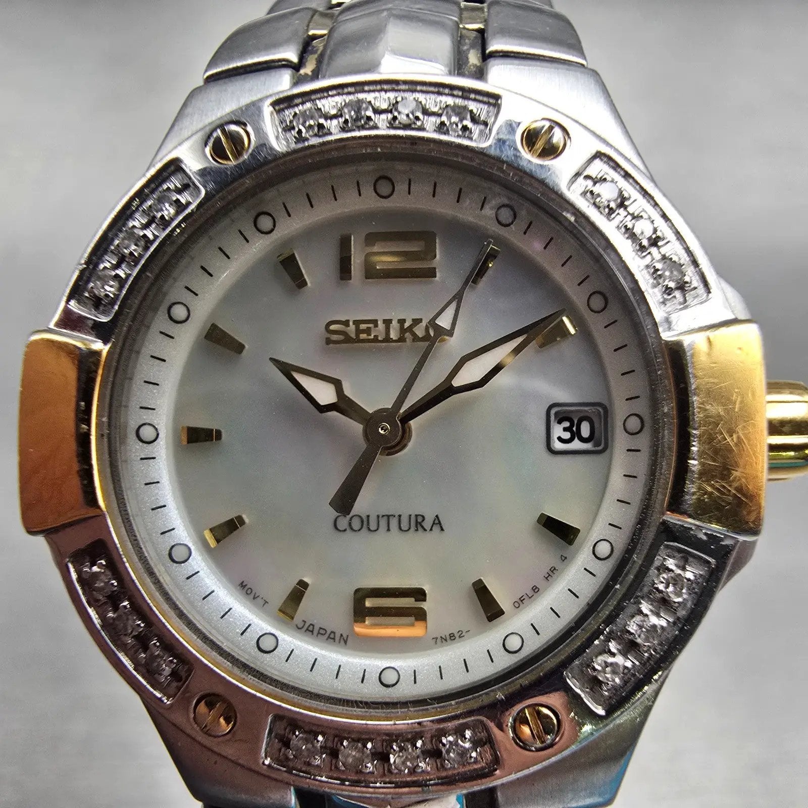 Seiko Coutura Watch Women 26mm MOP Dial Two Tone Date Gemmed 7N82-0CG0 New Batt1