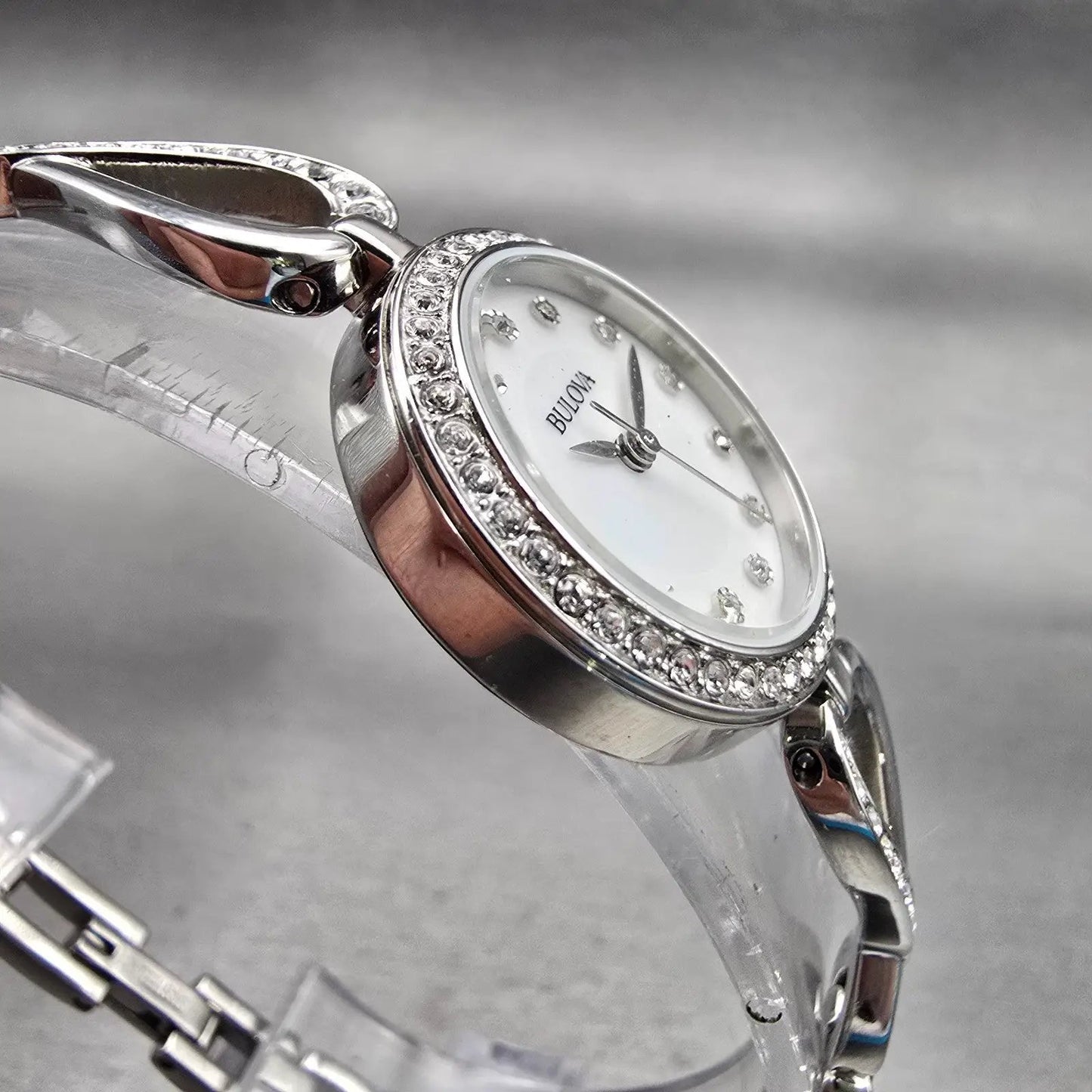 Bulova Watch Women 23mm MOP Dial Silver Tone Gemmed 96X129 New Battery3