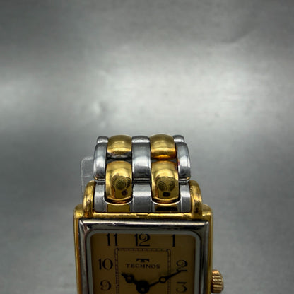 Technos Tank Watch Women 18mm Gold Dial Two Tone  Rectangle New Battery4