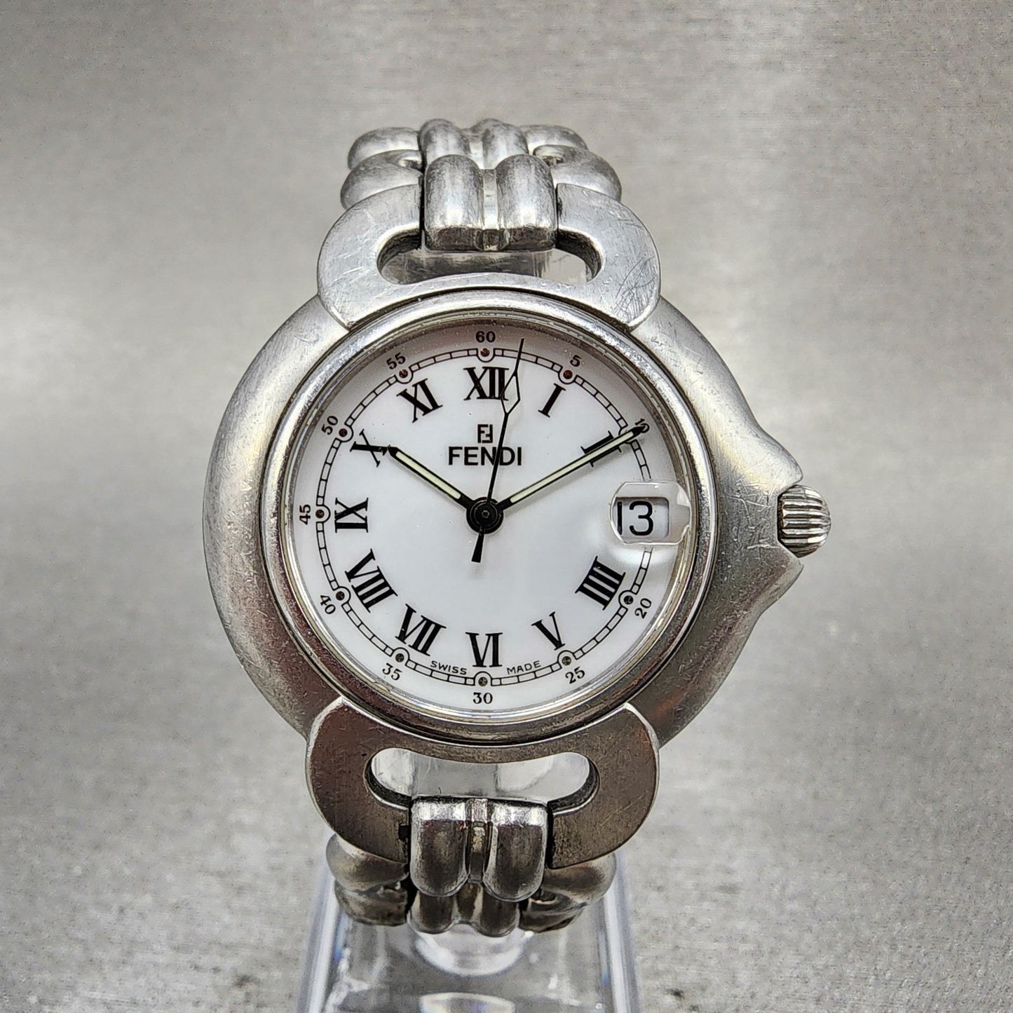 Fendi Orologi Watch Men 34mm White Dial Silver Tone Date Round READ!!!! New Batt0