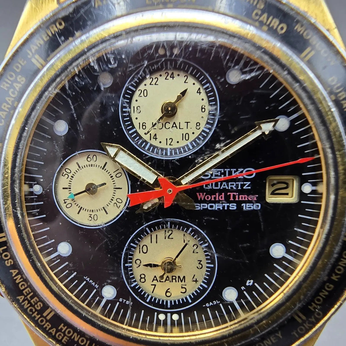 Seiko World Time Watch Men 38mm Black Dial Gold 5T52 Movement 6A40 AlarmPARTS2