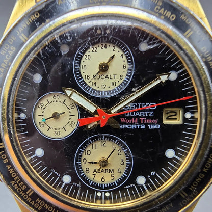 Seiko World Time Watch Men 38mm Black Dial Gold 5T52 Movement 6A40 AlarmPARTS2