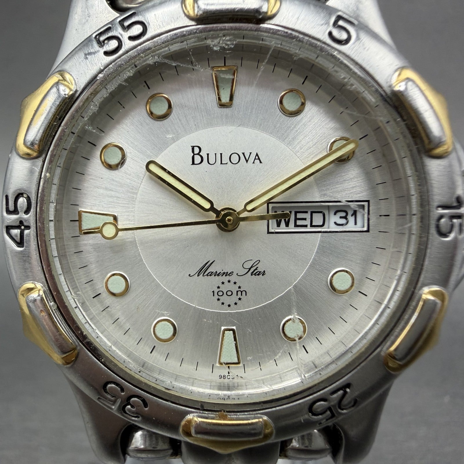 Bulova Marine Star Watch Men 37mm White Dial Two Tone Daydate Round New Battery1
