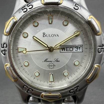 Bulova Marine Star Watch Men 37mm White Dial Two Tone Daydate Round New Battery1