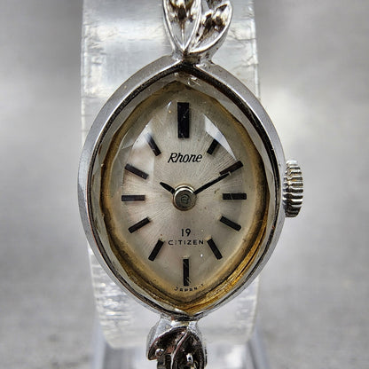 Citizen Rhone Watch Women 14mm Silver Dial White Gold Plated Oval Manual Runs1