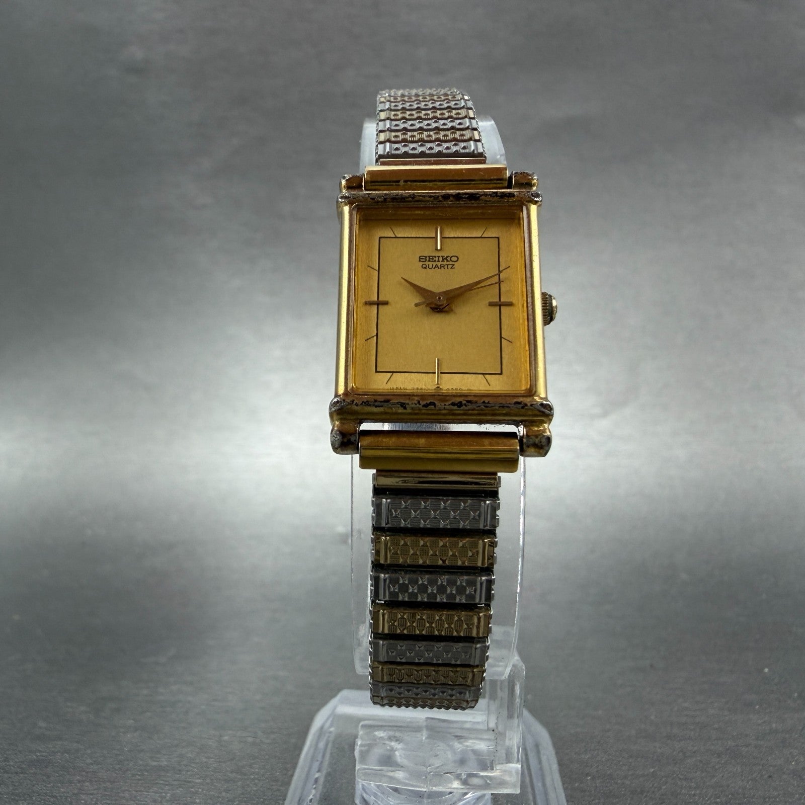 Seiko Tank Watch Women 18mm Champagne Dial two Tone Rectangle 7321-5510 New Batt5