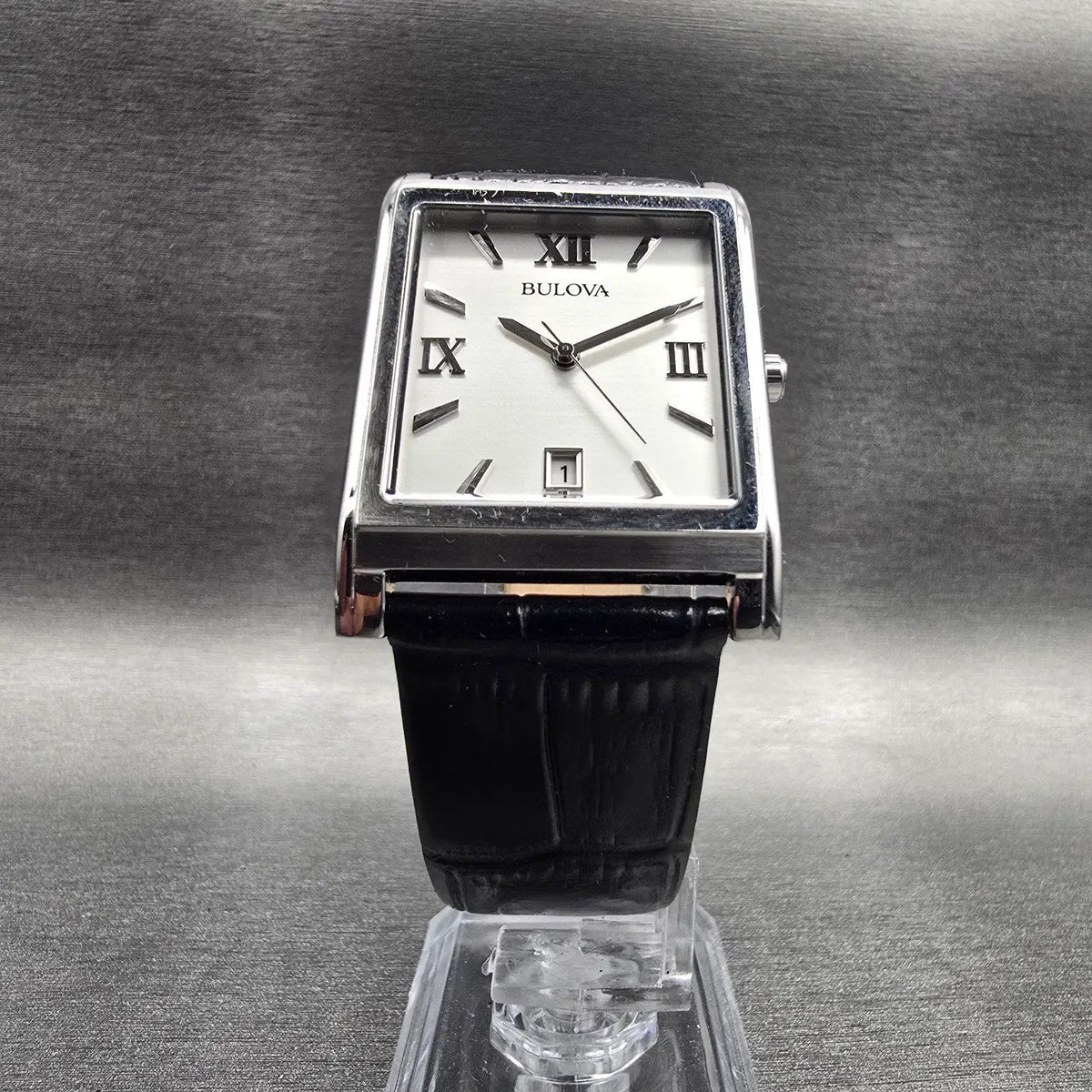 Bulova Tank Watch Men 29mm Silver Dial Silver Tone Date Rectangle 96B107 New Bat5