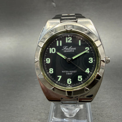 Citizen Q&Q Falcon Watch Men 34mm Blac dial Silver Tone Round New Battery0