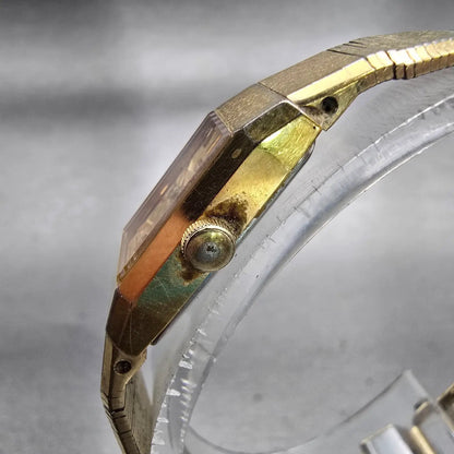 Seiko Watch Women 12mm Gold Dial Gold Tone Rectangle 1320-5049 New Battery VTG2
