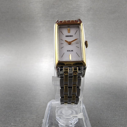 Seiko Solar Tank Watch Women 16mm White Dial Two Tone Rectangle V1160AA0 Runs5