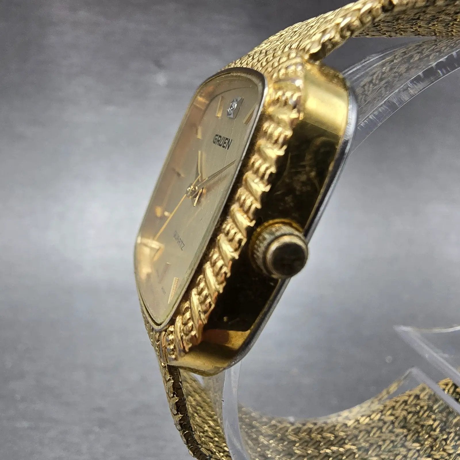 Gruen Tank Watch Men 30mm Gold Dial Gold Tone Rectangle New Battery VTG2