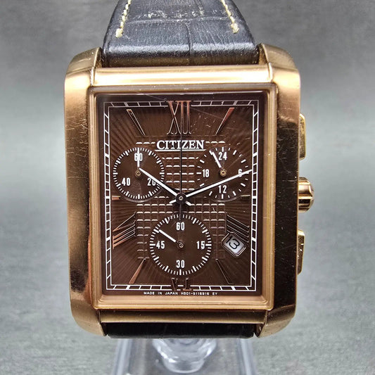 Citizen Eco-Drive Tank Chronograph Watch Men 30mm Brown Dial Rose Gold Date Runs0
