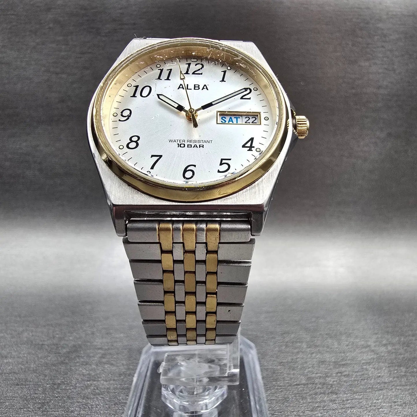 Seiko Alba Watch Men 35mm Silver Dial Two Tone Daydate 7N43-K001 New Battery5