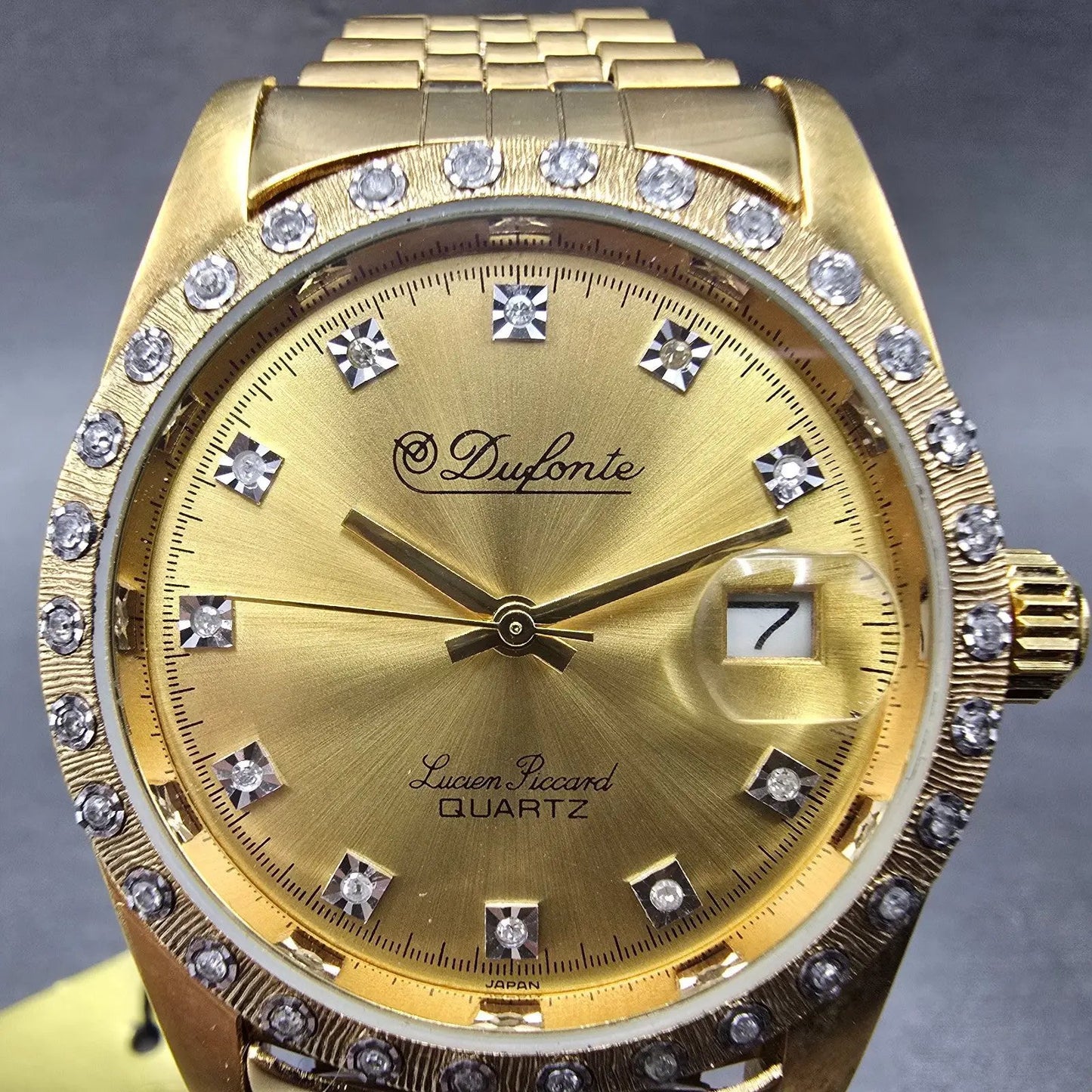 Lucien Piccard Dufonte Watch Men 36mm Gold Dial Gold Tone Date Diamond Bezel3