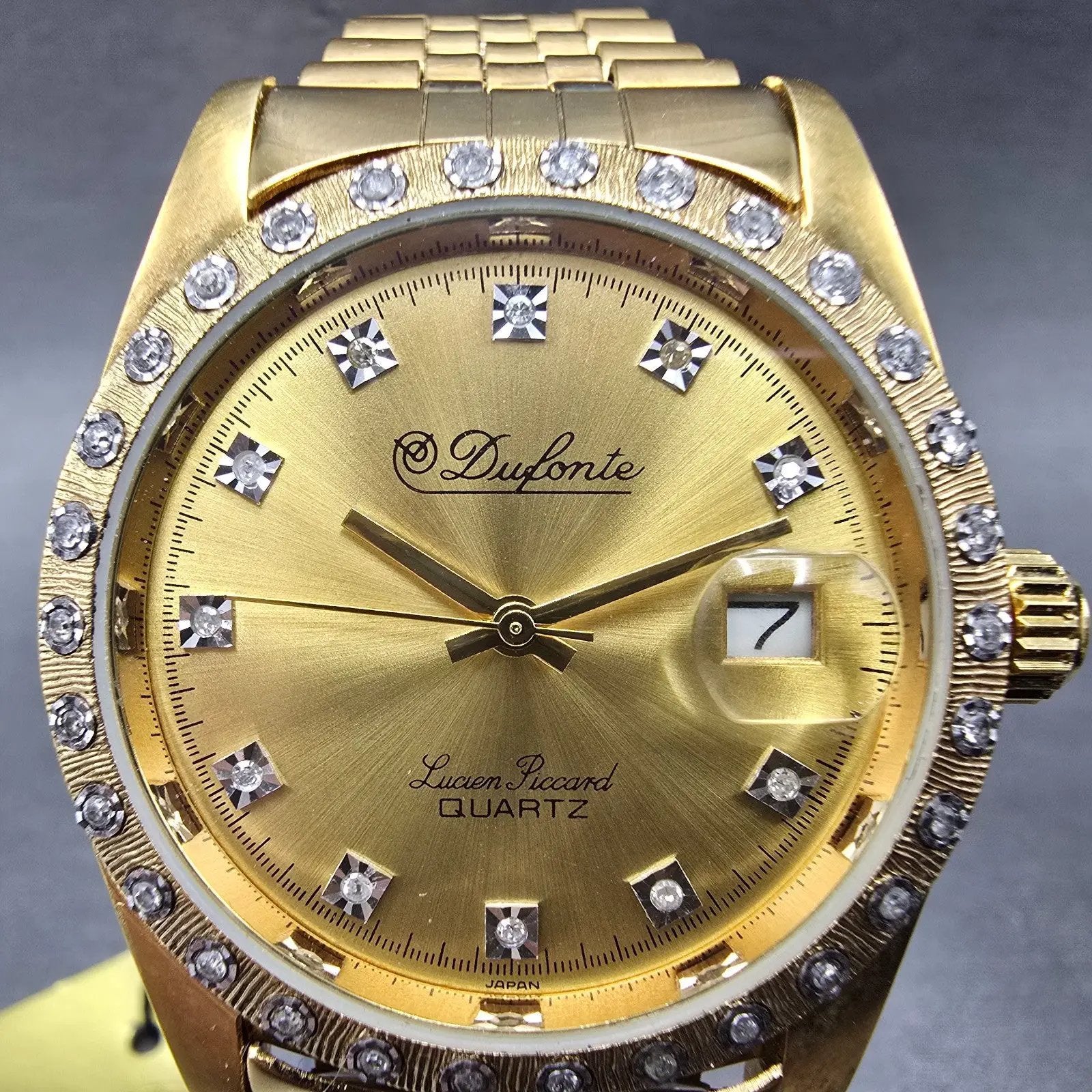 Lucien Piccard Dufonte Watch Men 36mm Gold Dial Gold Tone Date Diamond Bezel3