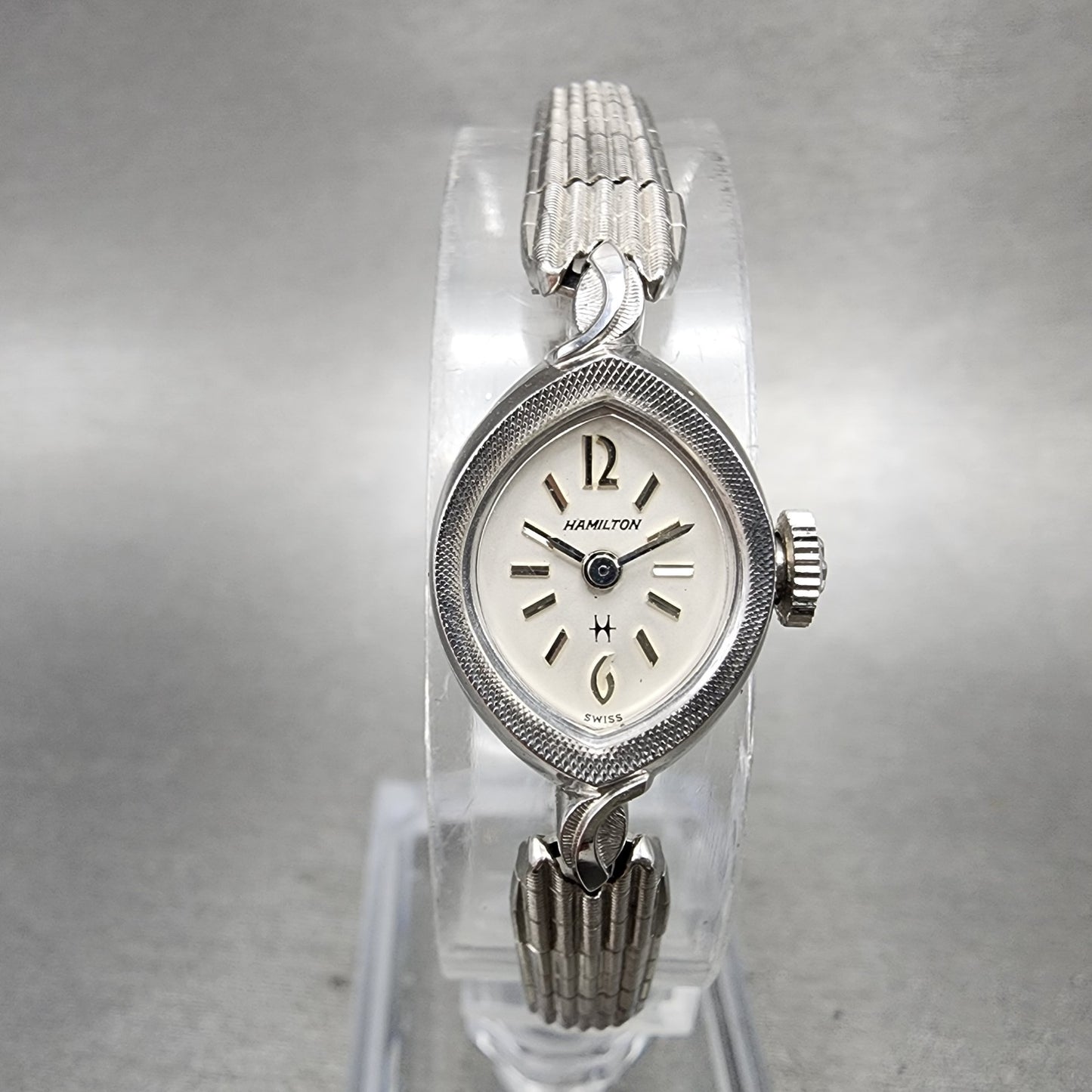Hamilton Watch Women 14mm White Dial 10K White Gold Plated Manual Wind Runs ABC10