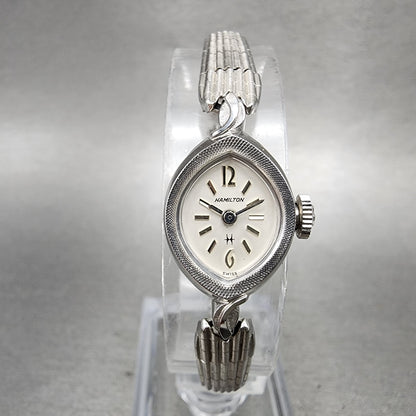 Hamilton Watch Women 14mm White Dial 10K White Gold Plated Manual Wind Runs ABC10