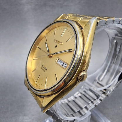 Seiko Alarm Watch Men 34mm Gold Dial Gold Tone Daydate Round 5C23-8009 New Batt