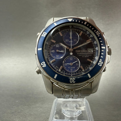 Seiko Chronograph Watch Men 40mm Blue Dial Steel Date Alarm Round New Battery H85