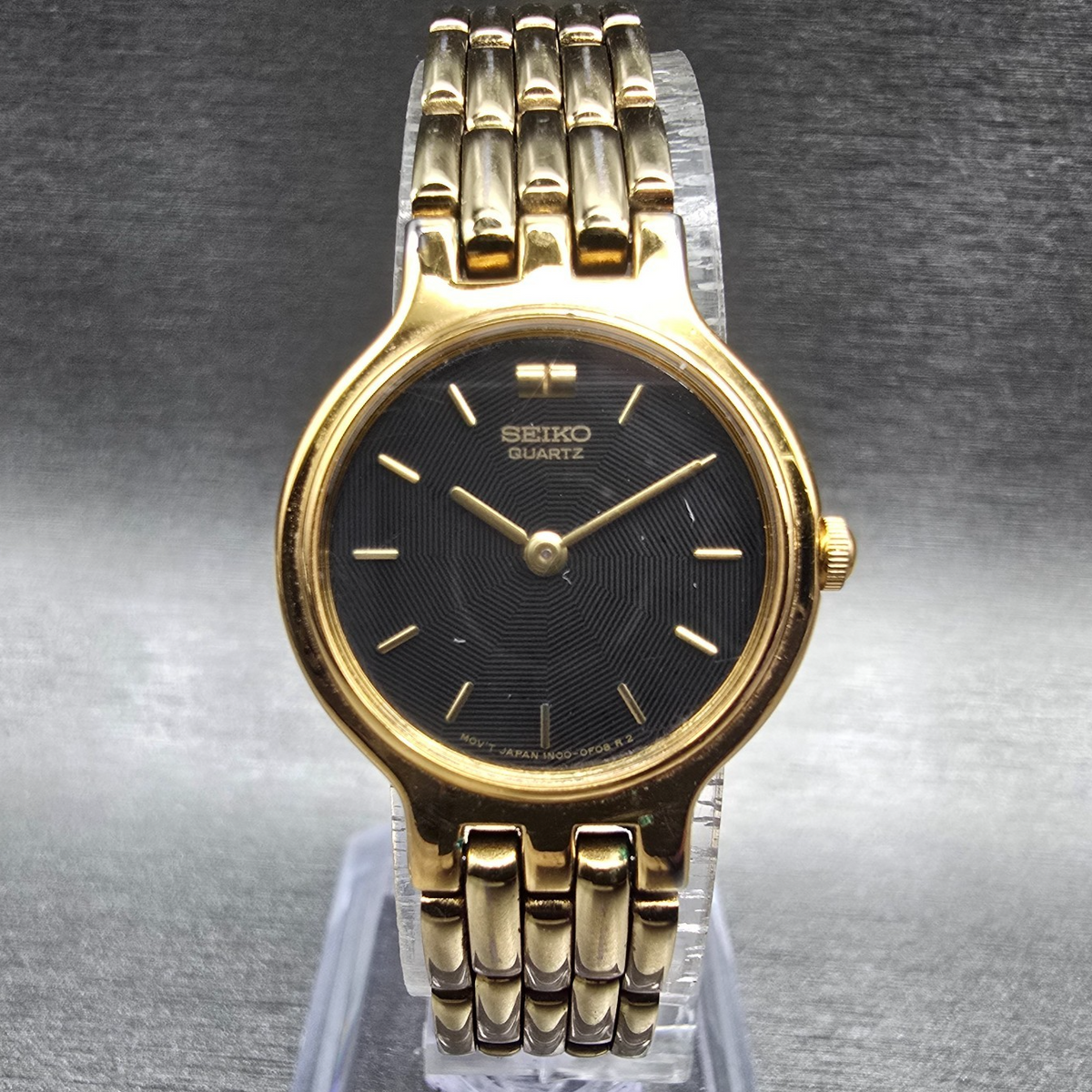 Seiko Watch Women 22mm Black Dial Gold Tone Round 1N00-0A99 New Battery VTG JP90