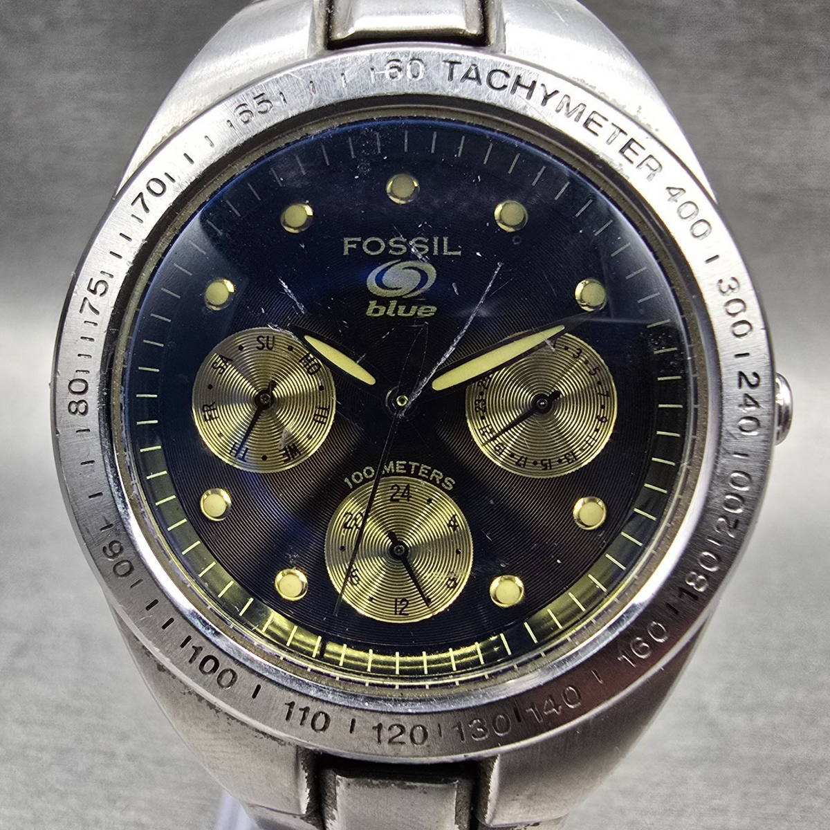 Fossil Blue Watch Men 35mm Blue Dial Silver Tone Daydate BQ-9086 New Battery1