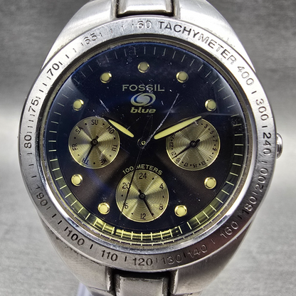 Fossil Blue Watch Men 35mm Blue Dial Silver Tone Daydate BQ-9086 New Battery1