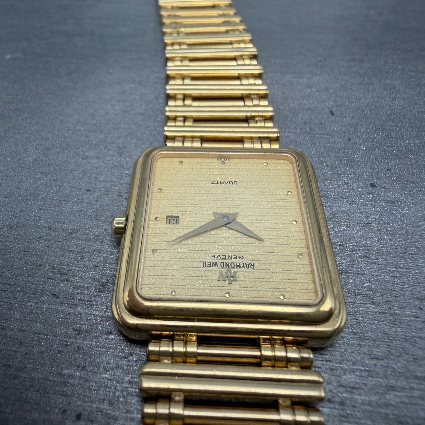 Raymond Weil Tank Watch Men 27mm Gold Dial Gold Plated Date 9983 READ!! New Batt5
