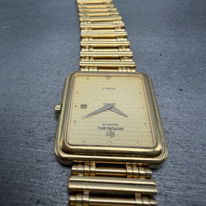 Raymond Weil Tank Watch Men 27mm Gold Dial Gold Plated Date 9983 READ!! New Batt5