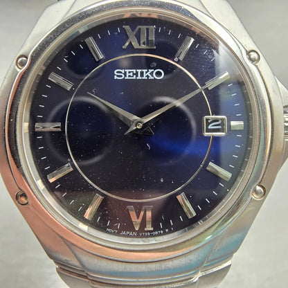 Seiko Watch Men 35mm Blue Dial Silver Tone Date Round V739-0B30 New Battery1