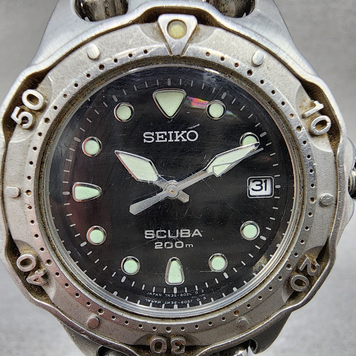 Seiko Scuba Diver Watch Men 38mm Black Dial Silver tone Date 7n356030 PARTS2