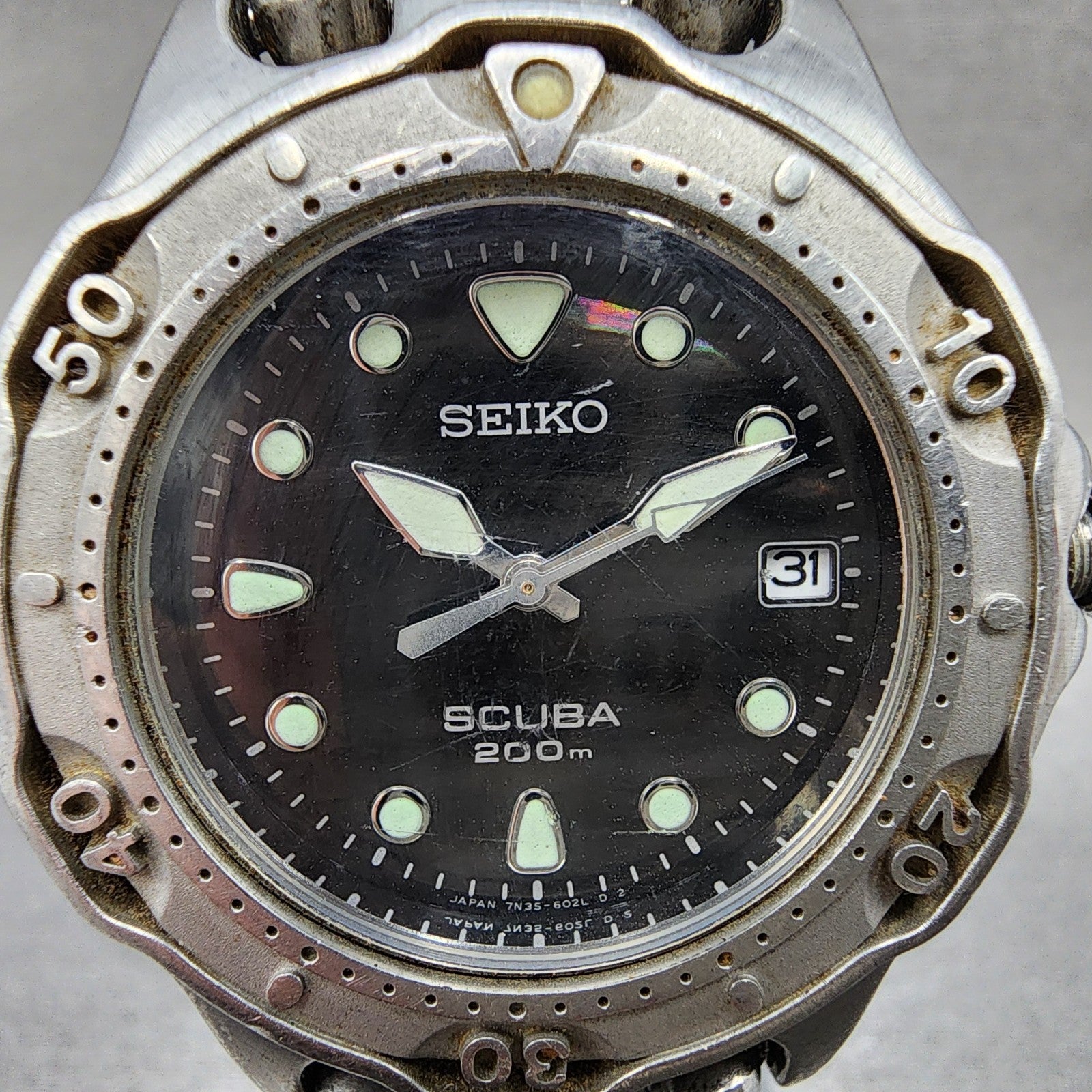 Seiko Scuba Diver Watch Men 38mm Black Dial Silver tone Date 7n356030 PARTS2