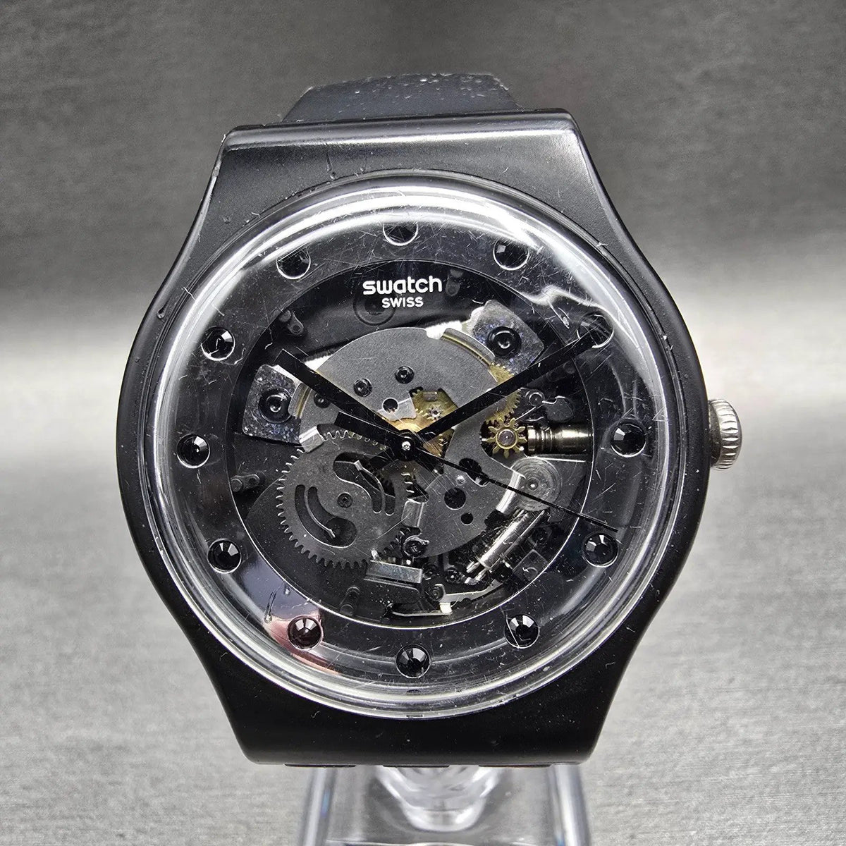 Swatch Silver Glam Watch Men 41mm Skeleton Dial Black Case SO29B109 New Battery3