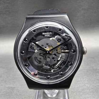 Swatch Silver Glam Watch Men 41mm Skeleton Dial Black Case SO29B109 New Battery3