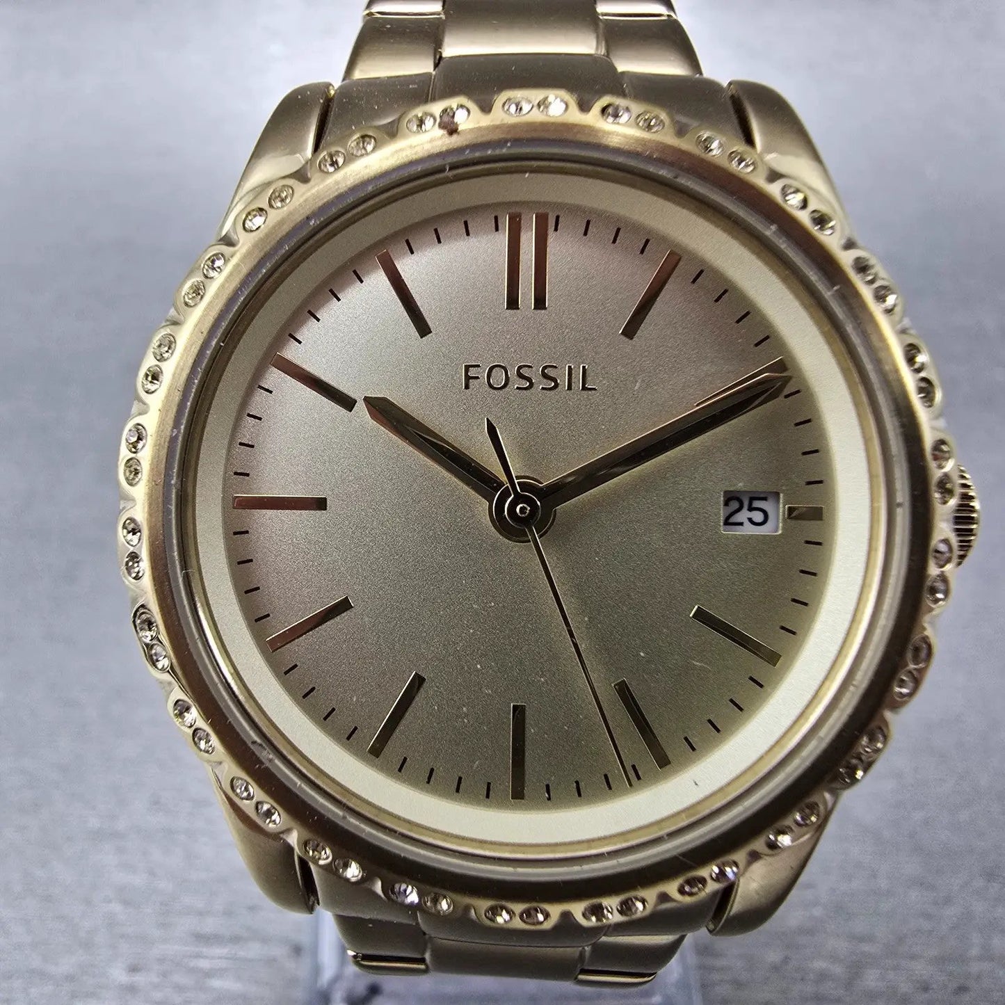 Fossil Watch Women 34mm Champagne Dial Gold Tone Date Round BQ3375 New Battery1