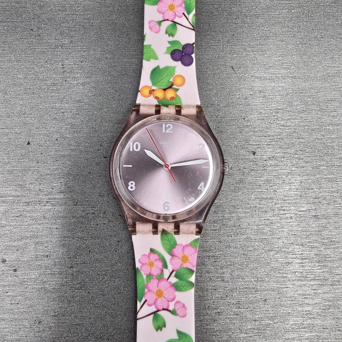 Swatch Merry Berry Watch Women 34mm Pink Dial Clear Case Round GP150 New Battery1