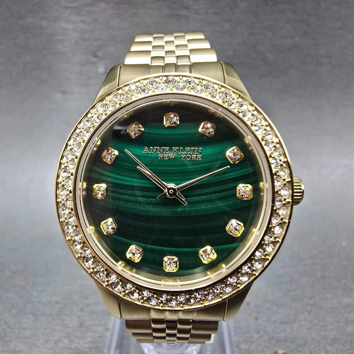 Anne Klein Watch Women 30mm Green Malachite Dial Gold Tone Round New Battery1